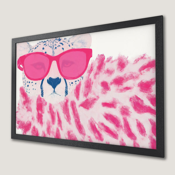 Framed Poster featuring a cheetah with pink sunglasses, modern art style, pink and blue palette.