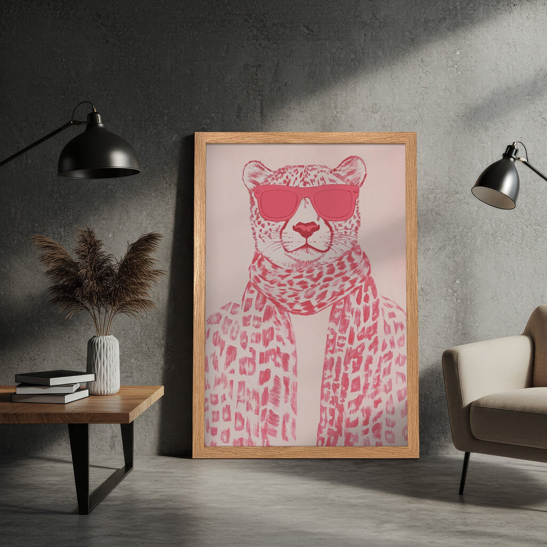 Framed Poster featuring a stylish cheetah in pink hues. Modern wall art perfect for adding a pop of color and personality to any space.