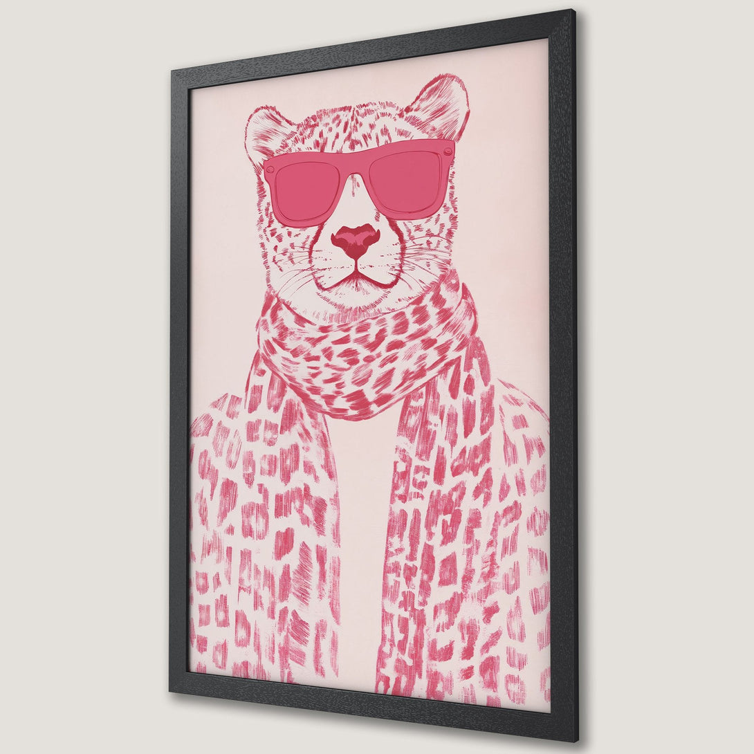 Framed Poster featuring a stylish cheetah in pink sunglasses and scarf. Modern art style with a pink and white color palette.