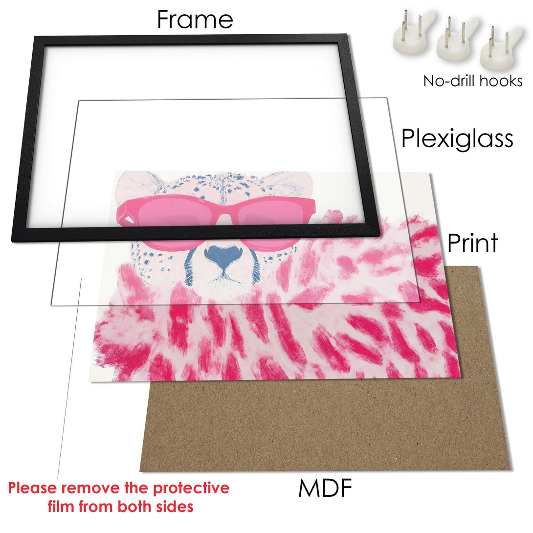Framed Poster featuring a stylish cheetah wearing pink sunglasses. Modern art print with a pink and white color palette. Ready to hang!