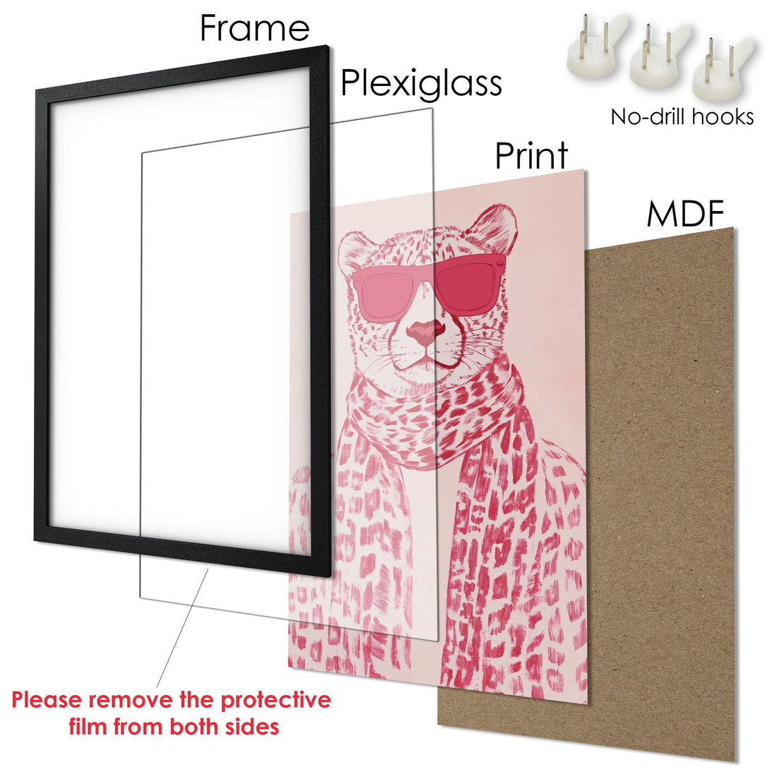 Framed Poster featuring a stylish leopard in pink hues. Modern art print with a bold color palette. Ready to hang!