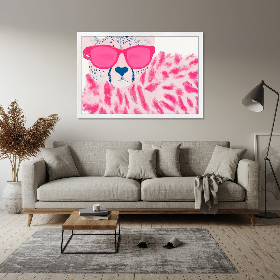 Framed Poster featuring a stylish cheetah wearing pink sunglasses. Pop art style with a vibrant pink and blue color palette. Perfect wall art!