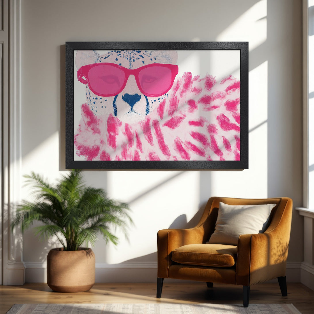 Framed Poster featuring a cheetah with pink sunglasses, pop art style, vibrant pink and blue on white background. Perfect wall art!
