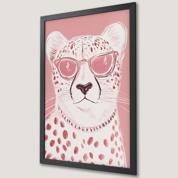 Framed Poster featuring a stylish cheetah wearing sunglasses, illustrated in a modern, blush and red color palette. Perfect wall art!