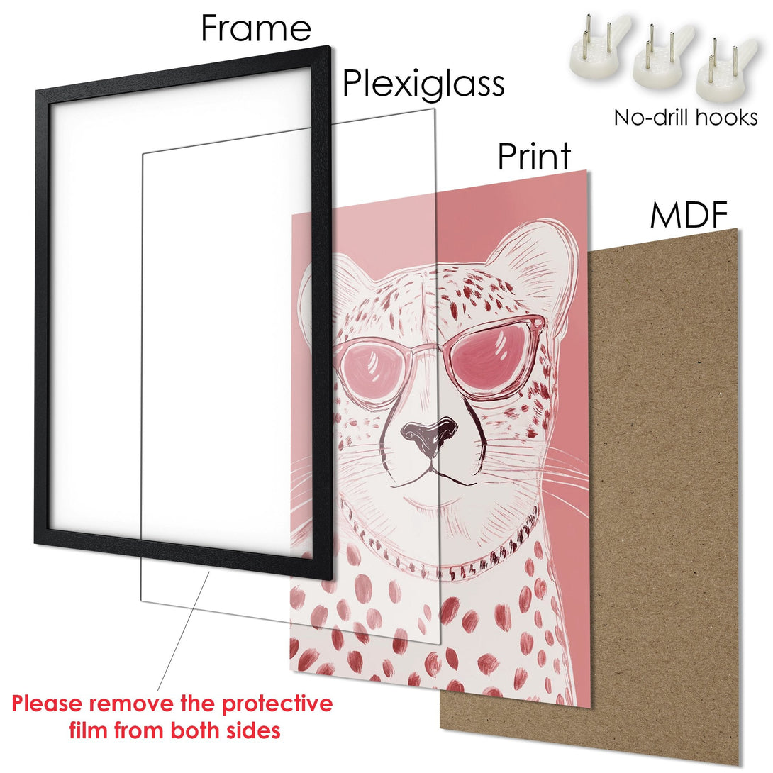 Framed Poster featuring a cheetah with sunglasses, pink and white color palette, modern art. Perfect wall decor!