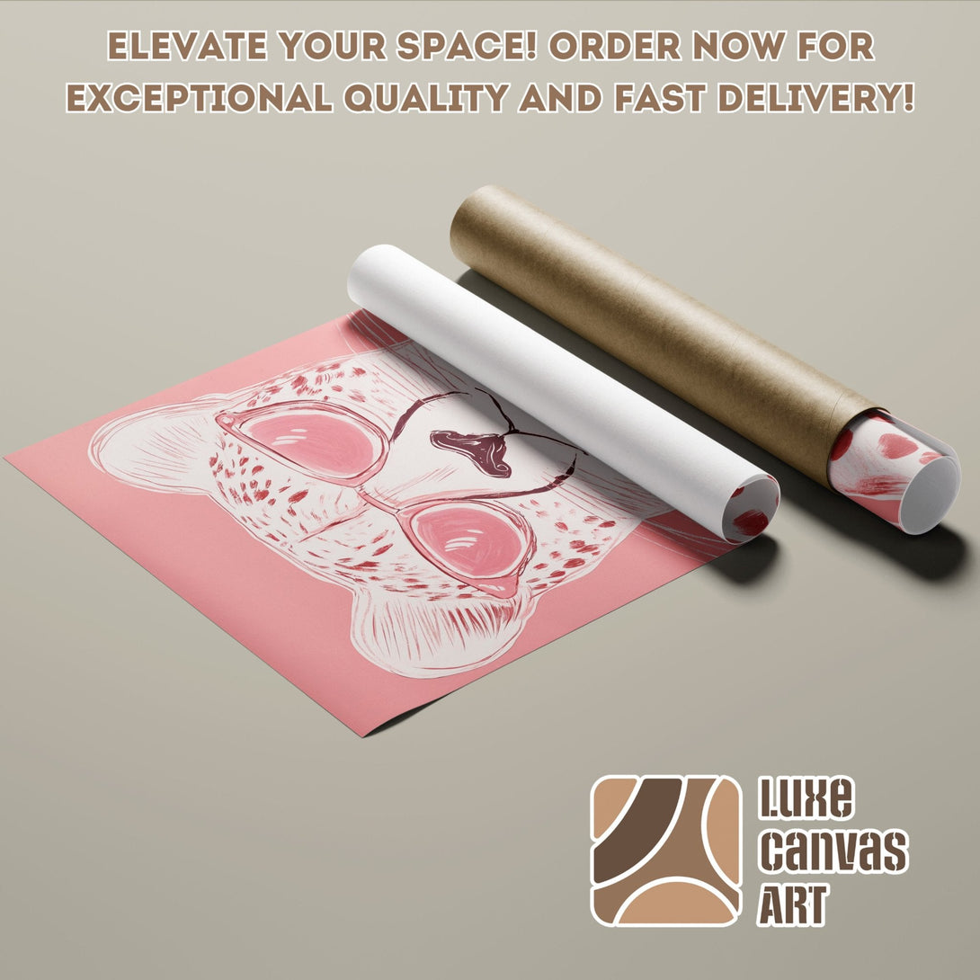 Poster Roll featuring a pink and white illustration of a cheetah with sunglasses. Modern art style, soft pink and neutral color palette.