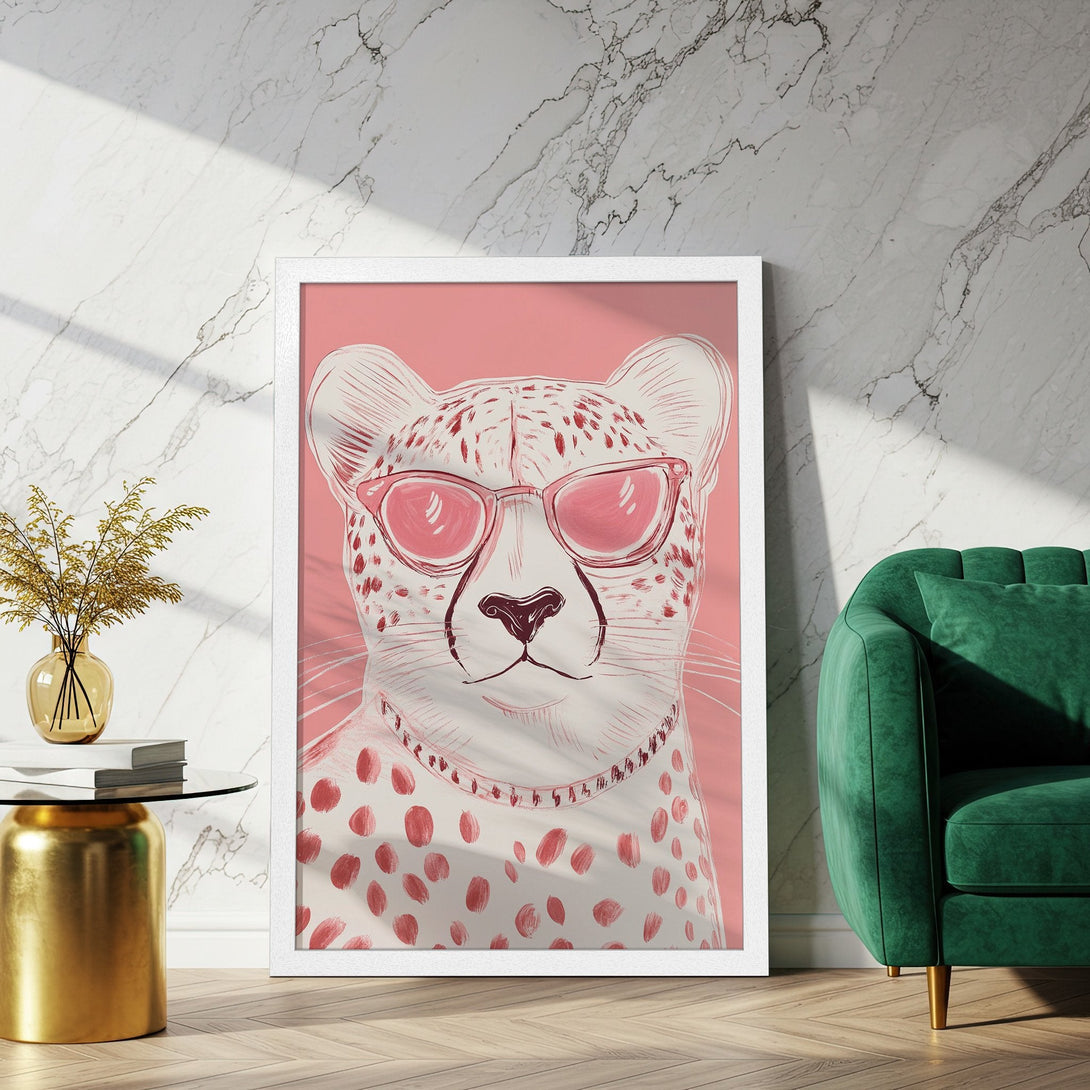 Framed Poster featuring a stylish cheetah with pink sunglasses. Modern art print in a pink and white color palette, perfect for home decor.