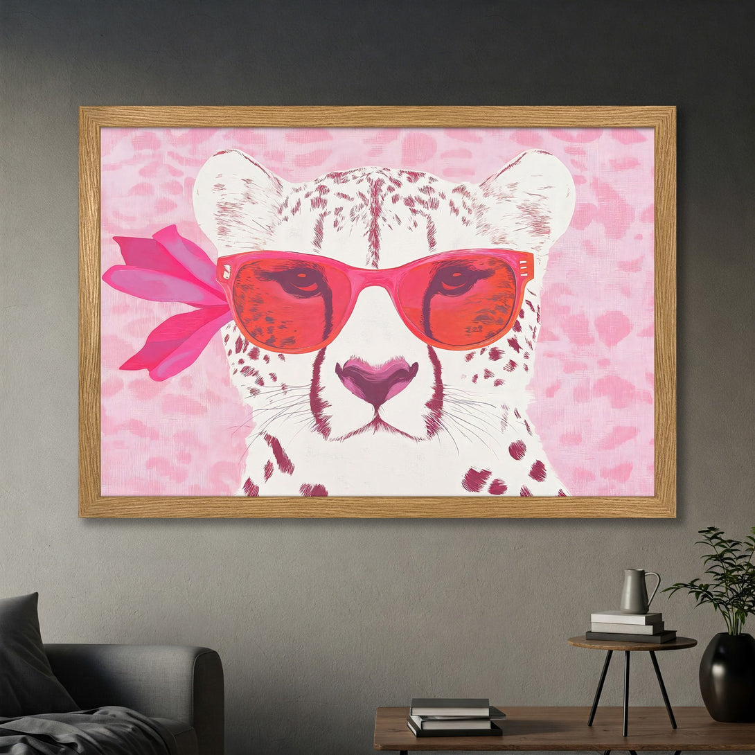 Framed Poster featuring a stylish cheetah wearing sunglasses, pop art style with pink and red color palette. Perfect wall art!