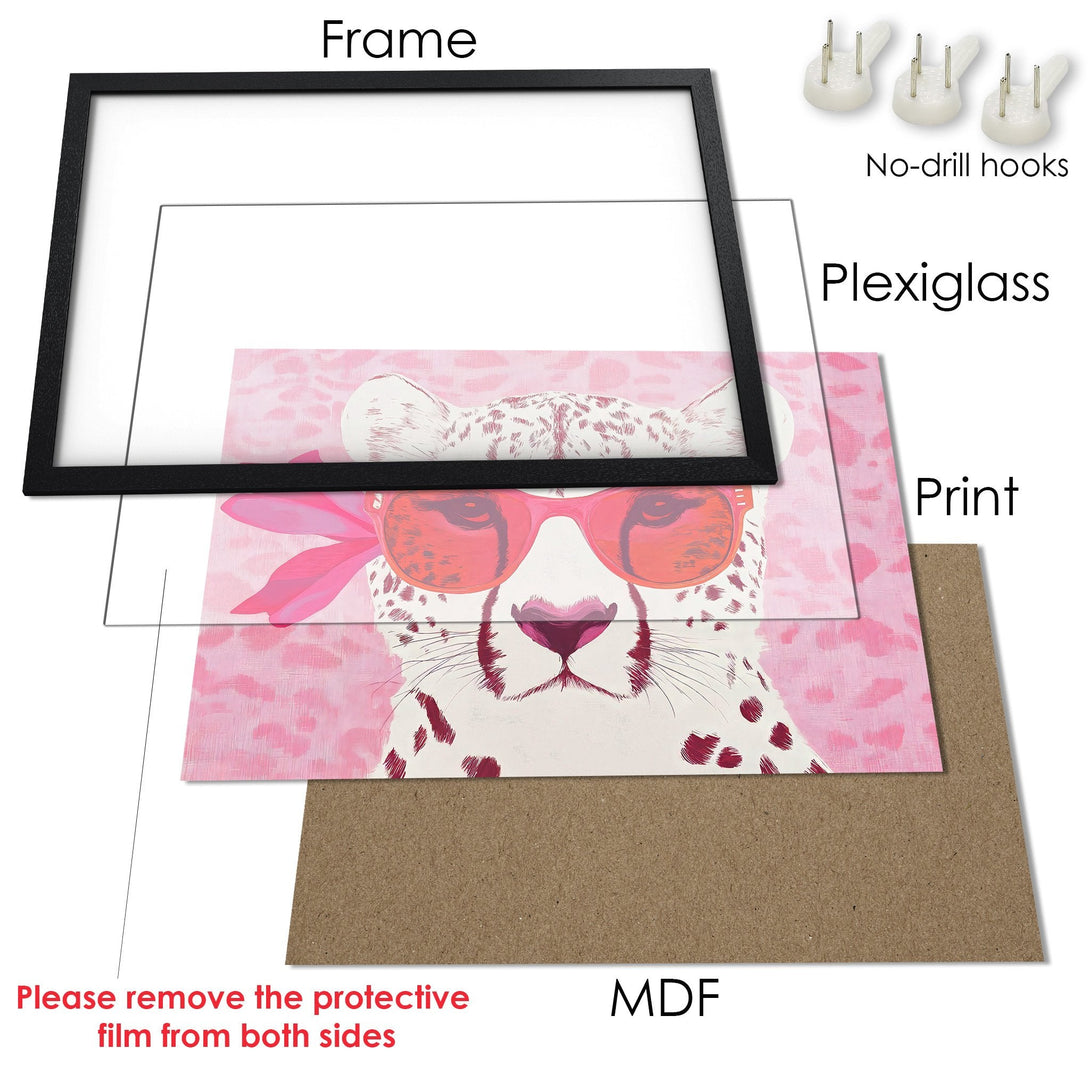 Framed Poster featuring a stylish cheetah with pink sunglasses, in a pink and white color palette. Perfect wall art!