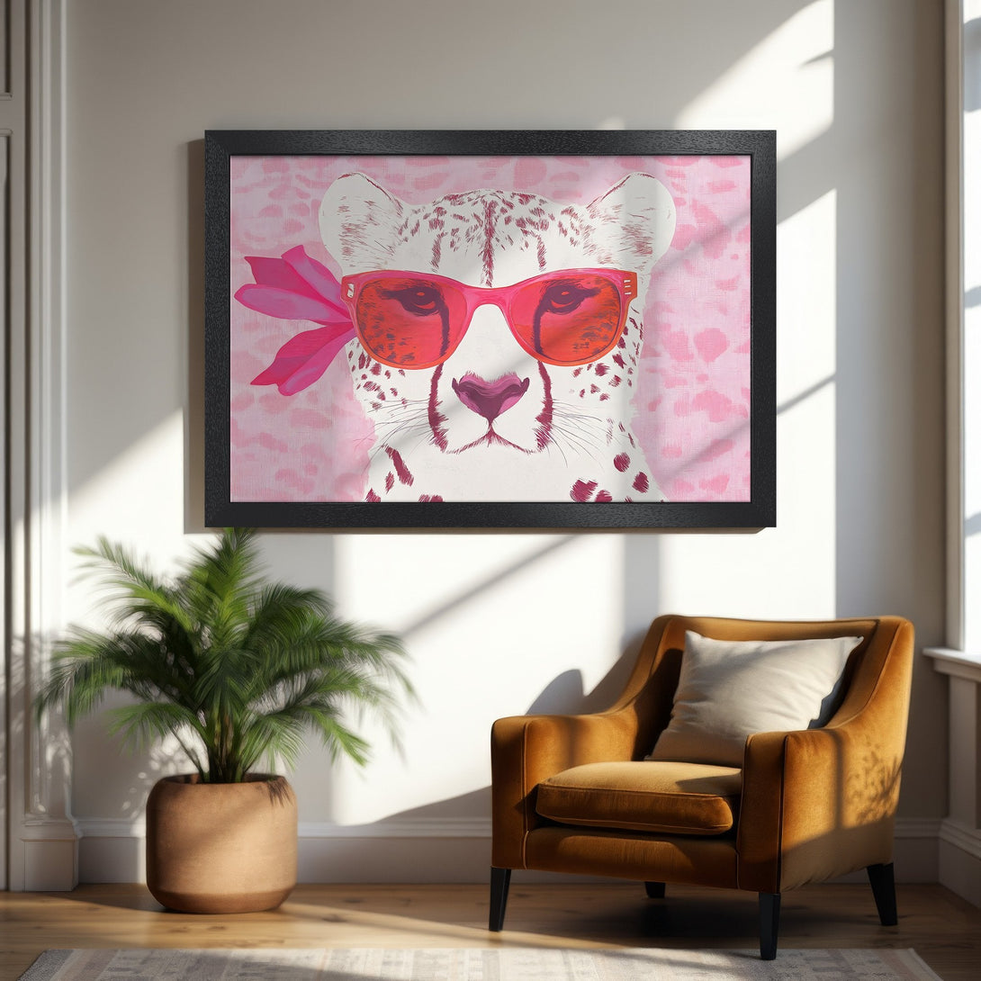 Framed Poster featuring a stylish cheetah with pink sunglasses. Pop art style, pink and white color palette. Perfect wall art!