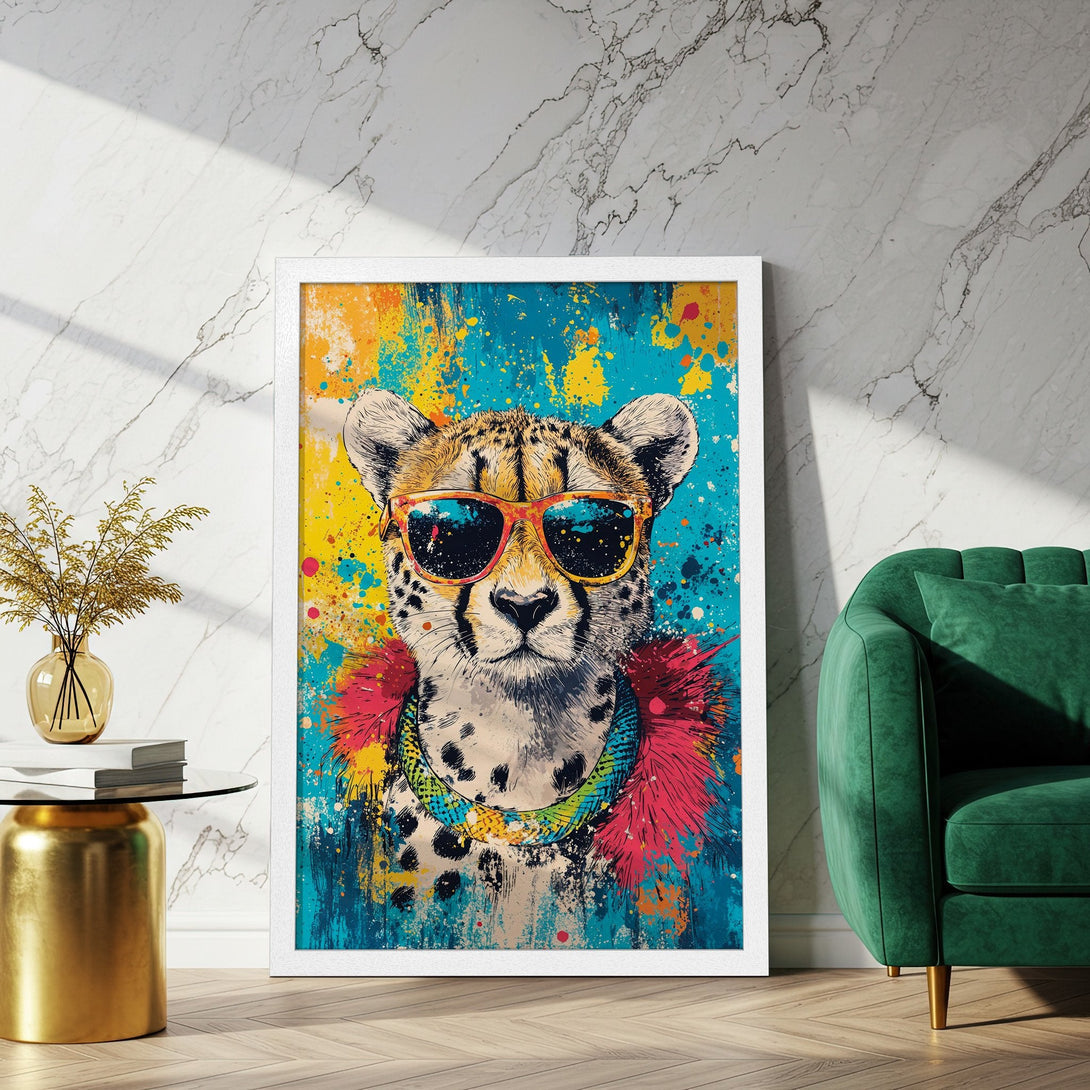 Framed Poster of a cool cheetah wearing sunglasses, vibrant abstract art style, colorful palette of blue, yellow, and red. Perfect wall art!