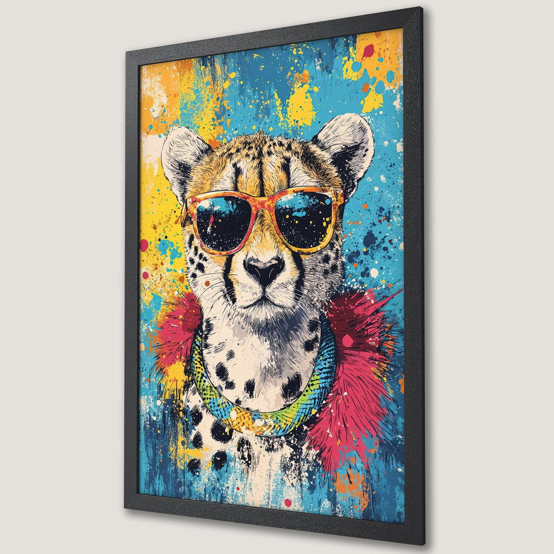 Framed Poster featuring a cool cheetah in sunglasses. Pop art style with vibrant blues, yellows, and pinks. Perfect wall art!