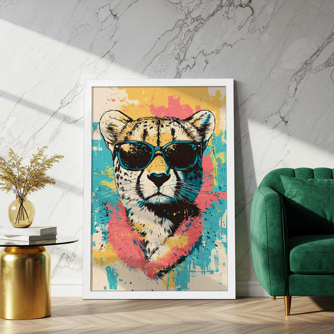 Framed Poster featuring a cool cheetah with sunglasses, vibrant pop art style, colorful palette of teal, pink, and yellow.
