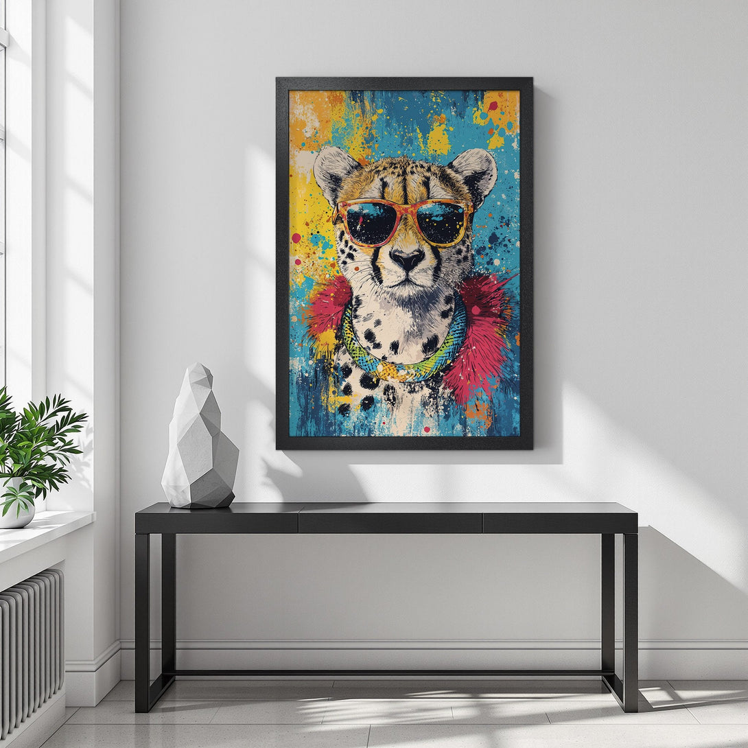 Framed Poster featuring a stylish cheetah wearing sunglasses, colorful abstract art. Vibrant blues, yellows, and pinks. Perfect wall decor!