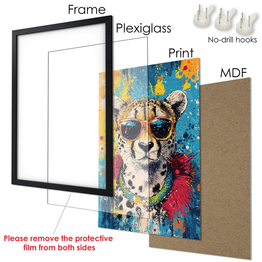 Framed Poster featuring a cheetah with sunglasses in a vibrant, colorful, and artistic style. Blue, yellow, and red dominate the palette.