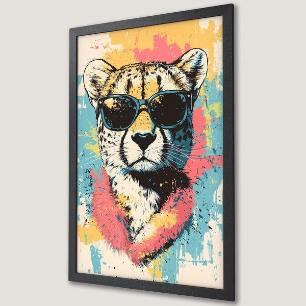 Framed Poster featuring a cool cheetah wearing sunglasses, pop art style with a vibrant, colorful palette. Perfect wall art!