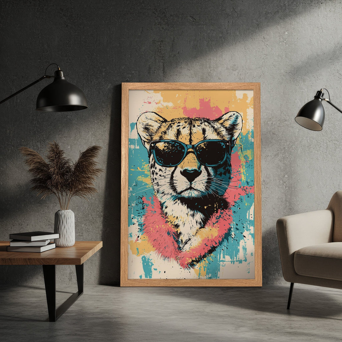 Framed Poster: Cool cheetah art print with sunglasses, pop art style, vibrant pink, blue, yellow palette. Add a unique touch to your space!