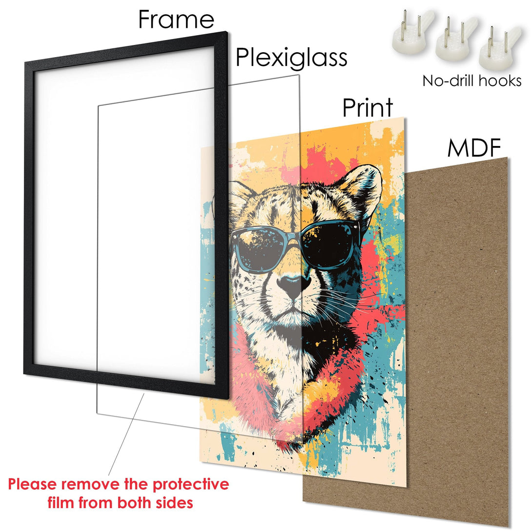 Framed Poster: Cool cheetah art print in vibrant colors. Add a pop of personality to your space!