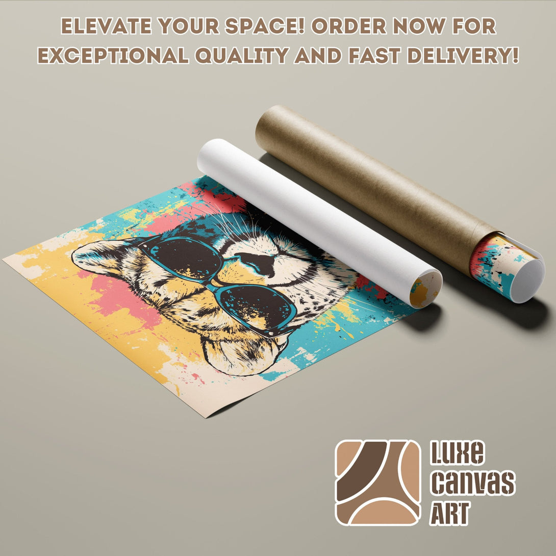 Poster Roll featuring a cheetah in sunglasses. Pop art style with a vibrant, colorful palette. Order your art today!