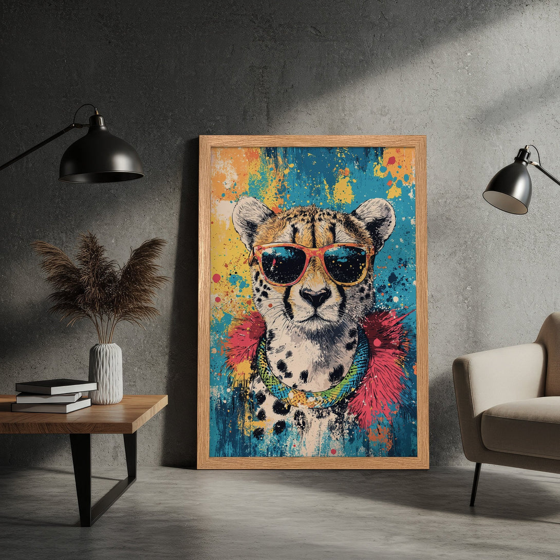 Framed Poster featuring a cool cheetah in sunglasses, vibrant pop art style, with a colorful blue, yellow, and orange palette.