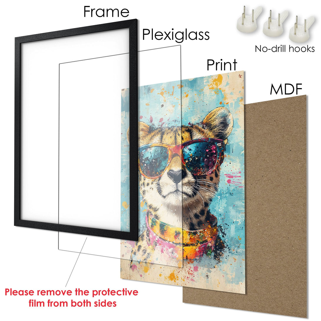 Framed Poster featuring a cool cheetah in sunglasses, vibrant watercolor style, with a blue, orange, and pink color palette. Perfect wall art!