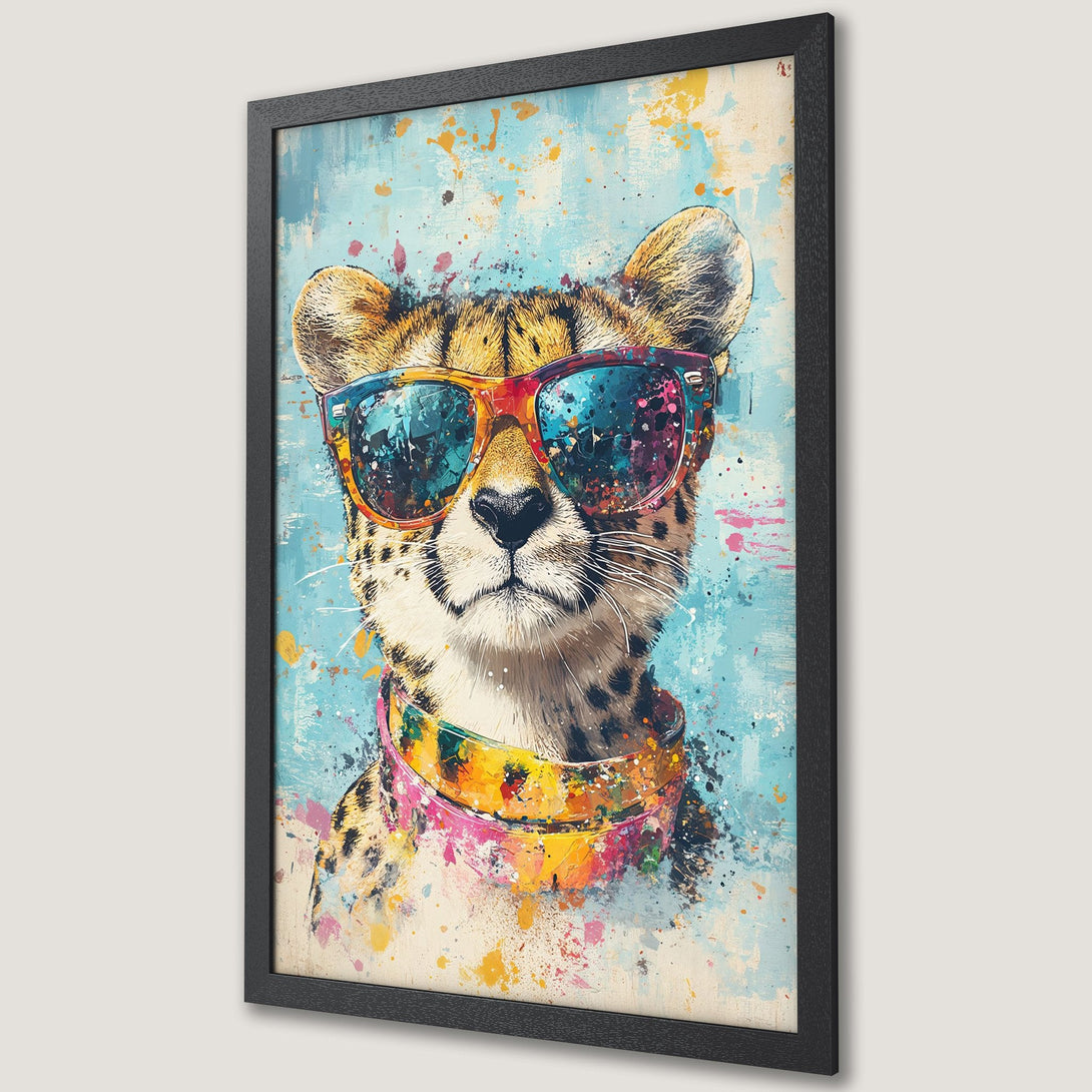 Framed Poster featuring a cool cheetah wearing sunglasses, vibrant pop art style with a colorful palette. Perfect wall art!