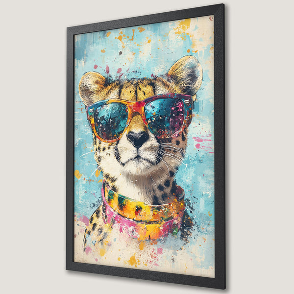 Framed Poster featuring a cool cheetah wearing sunglasses, vibrant pop art style with a colorful palette. Perfect wall art!