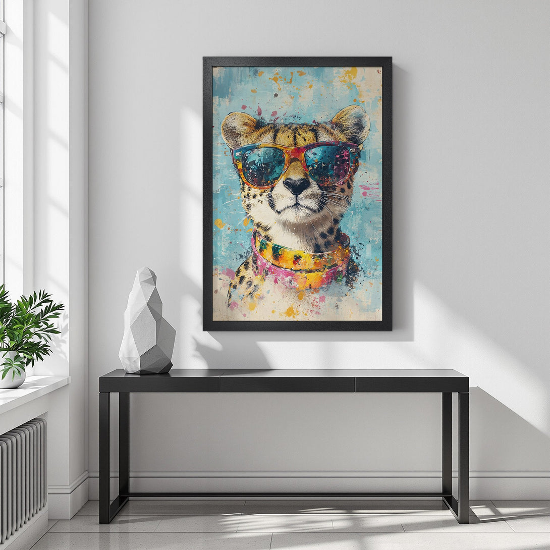 Framed Poster featuring a cool cheetah with sunglasses, vibrant watercolor style, blue/orange/pink palette. Add this unique Poster to your decor!