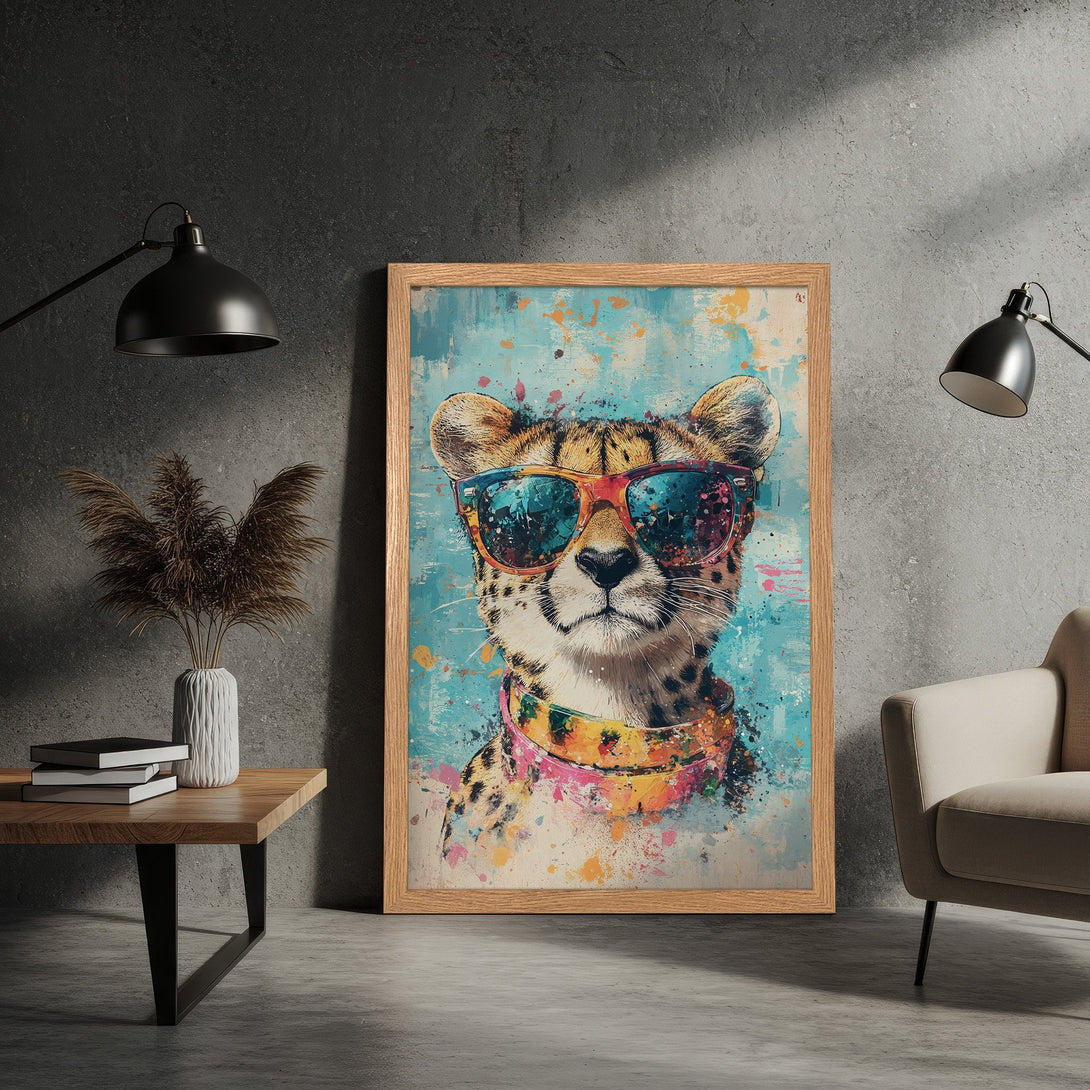 Framed Poster featuring a cool cheetah wearing sunglasses. Abstract art style with vibrant blues, oranges, and pinks. Perfect wall decor!
