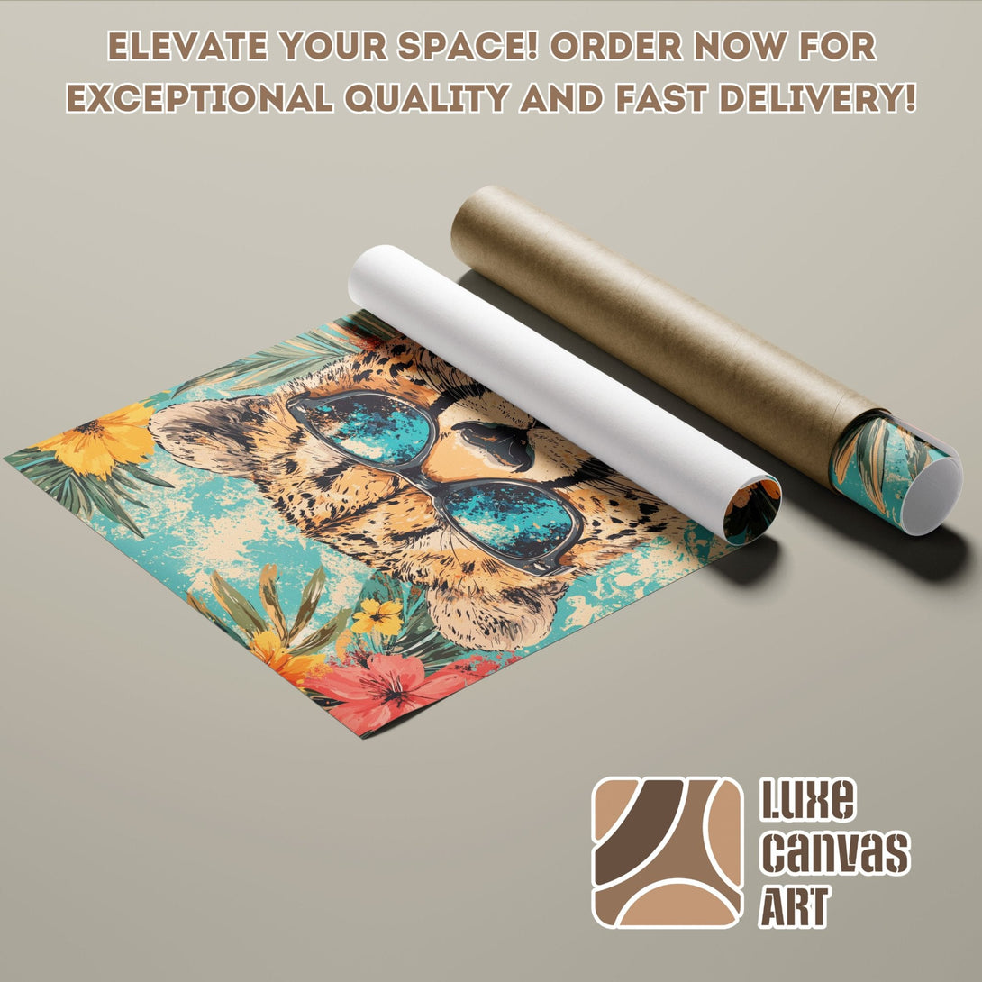 Poster Roll featuring a cool cheetah wearing sunglasses, tropical style, with a teal and warm color palette. Order yours today!