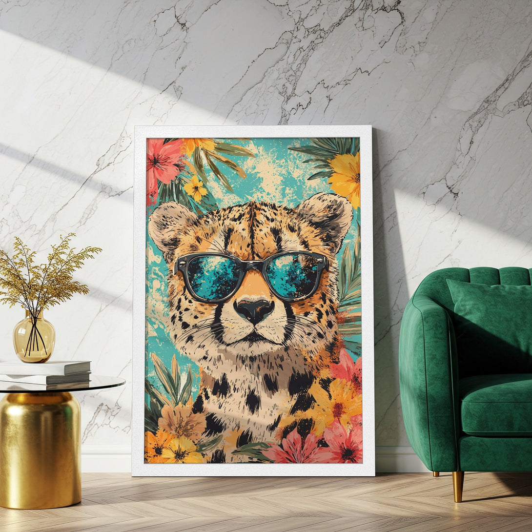 Framed Poster featuring a cool cheetah wearing sunglasses, vibrant floral background, and a teal, orange, and yellow color palette. Add this stylish Poster to your decor!