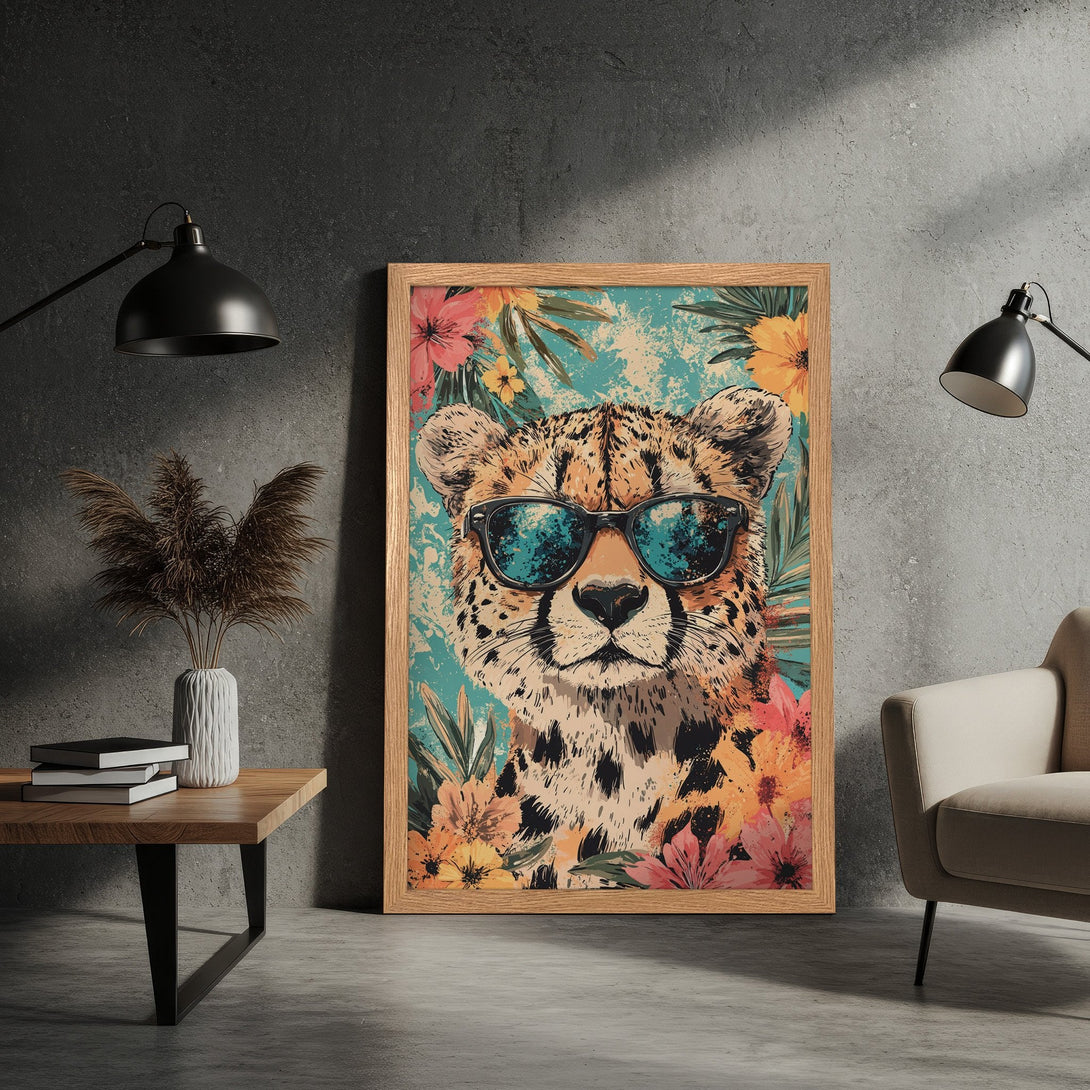 Framed Poster featuring a cool cheetah wearing sunglasses, vibrant floral art in a tropical style, with a warm and cool color palette.