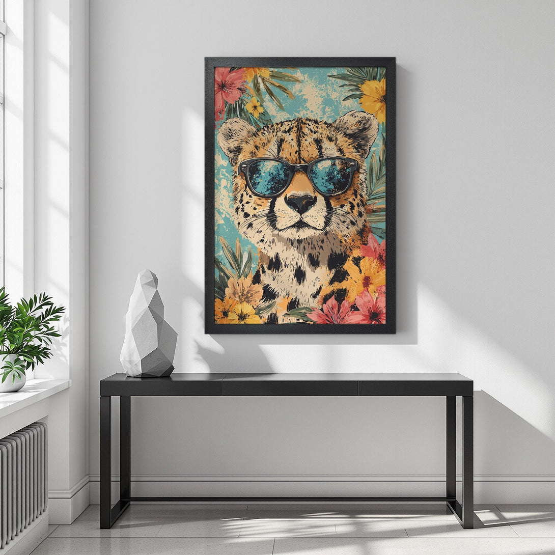 Framed Poster featuring a cool cheetah wearing sunglasses, tropical style, vibrant colors. Perfect wall art!