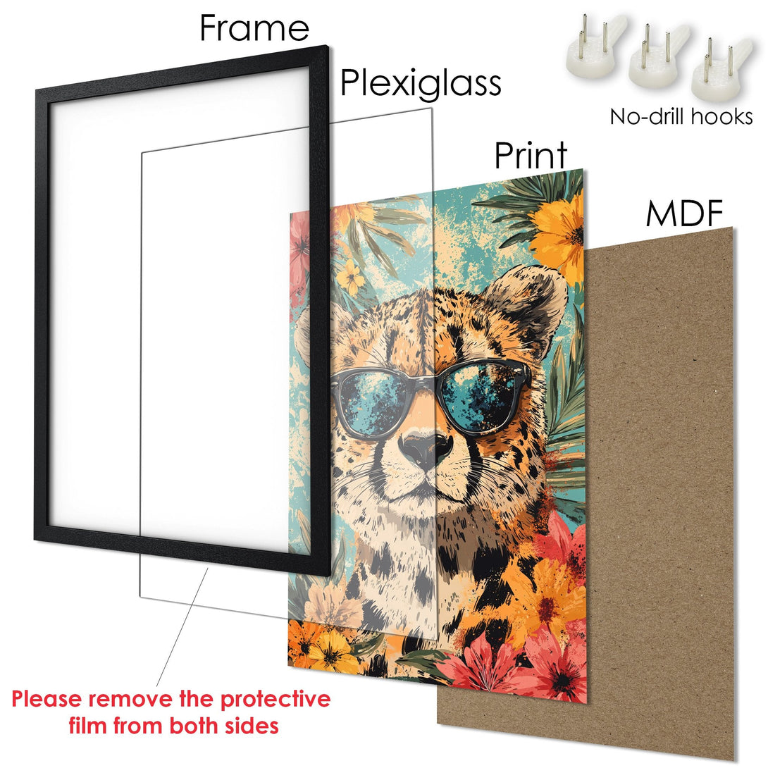 Framed Poster featuring a cheetah with sunglasses in a vibrant, floral style. Earthy tones with pops of teal and orange.