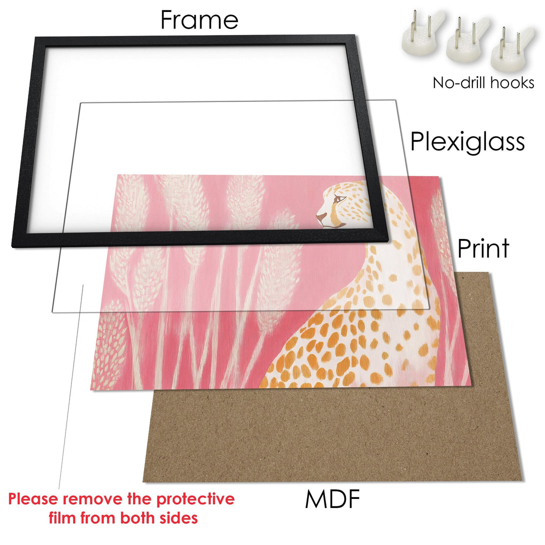 Framed Poster featuring a cheetah in a pink and gold watercolor style. A beautiful piece of art for your home!