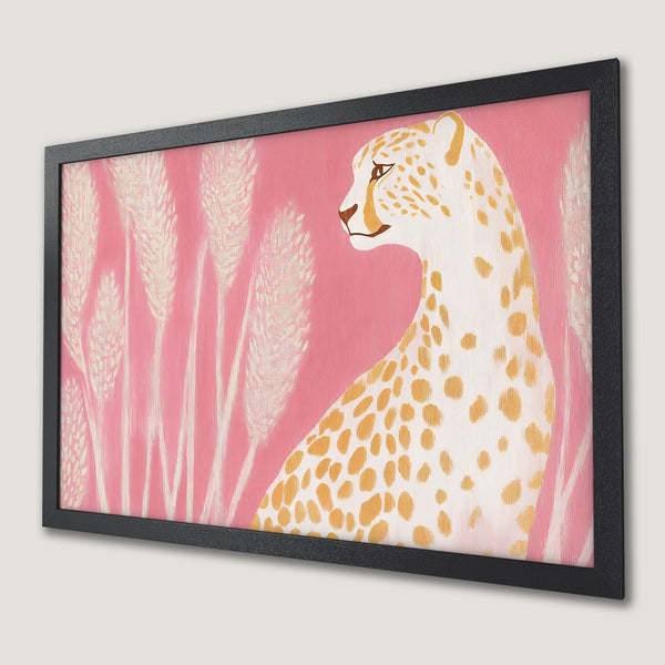Framed Poster: Abstract cheetah art in pink & gold. Modern style, perfect for home decor. Shop now!