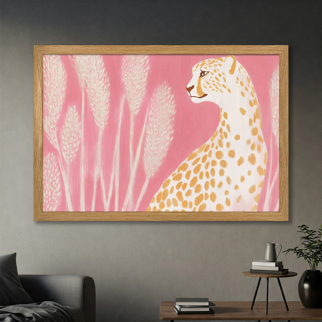 Framed Poster featuring a cheetah in a pink and cream color palette. Stylish art print for your home decor.