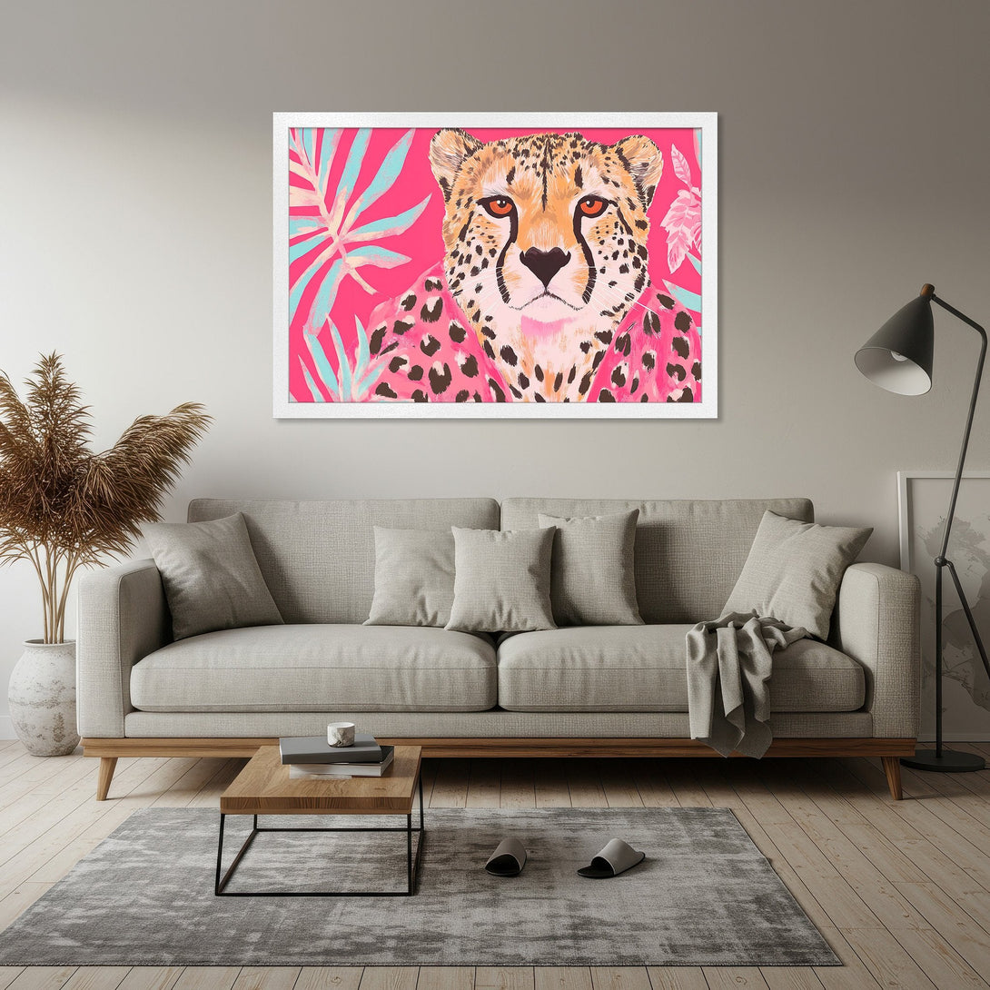 Framed Poster featuring a cheetah illustration in a vibrant pink, teal, and neutral color palette. Modern art for your home!
