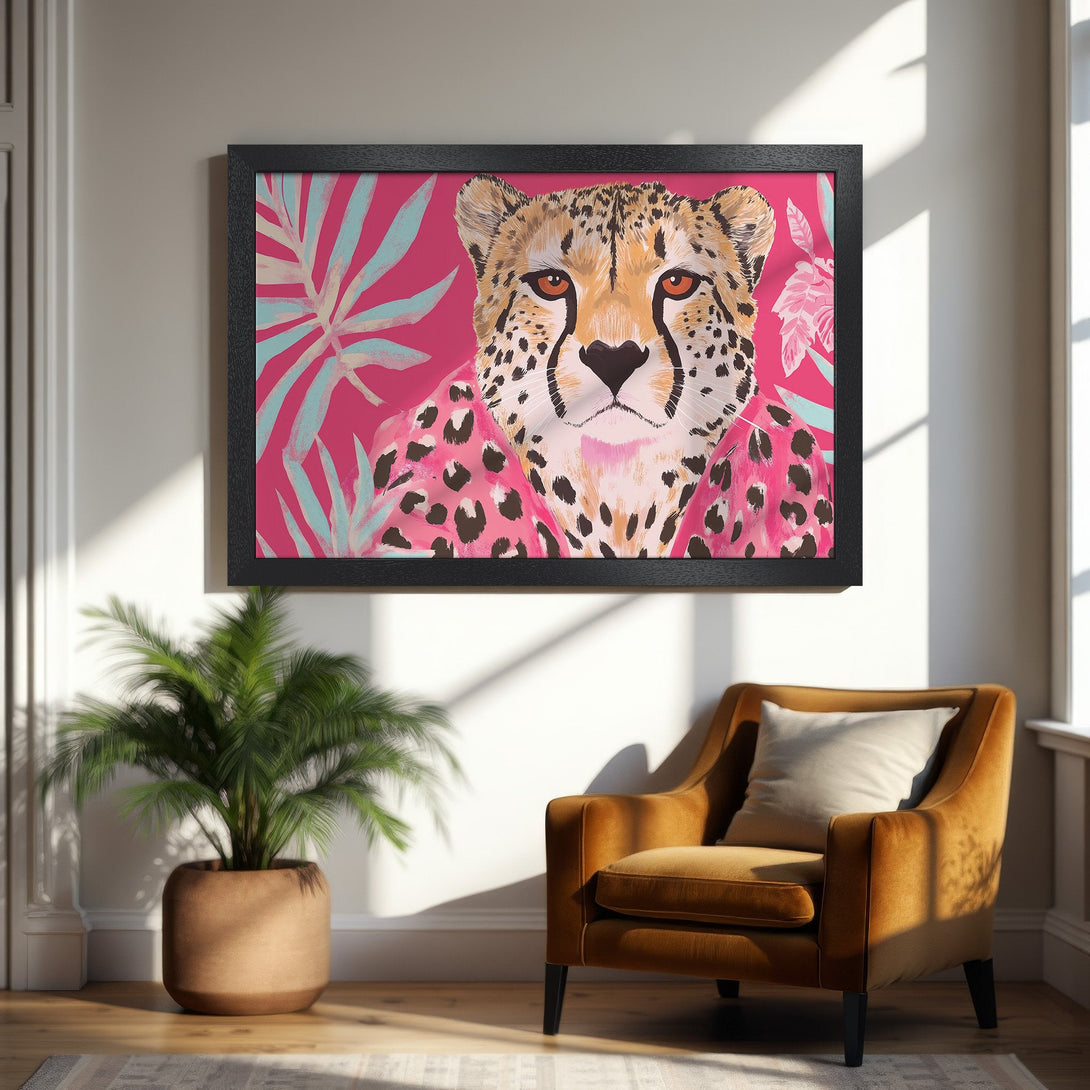 Framed Poster featuring a vibrant cheetah illustration in a modern style with a pink and teal color palette, perfect wall art.