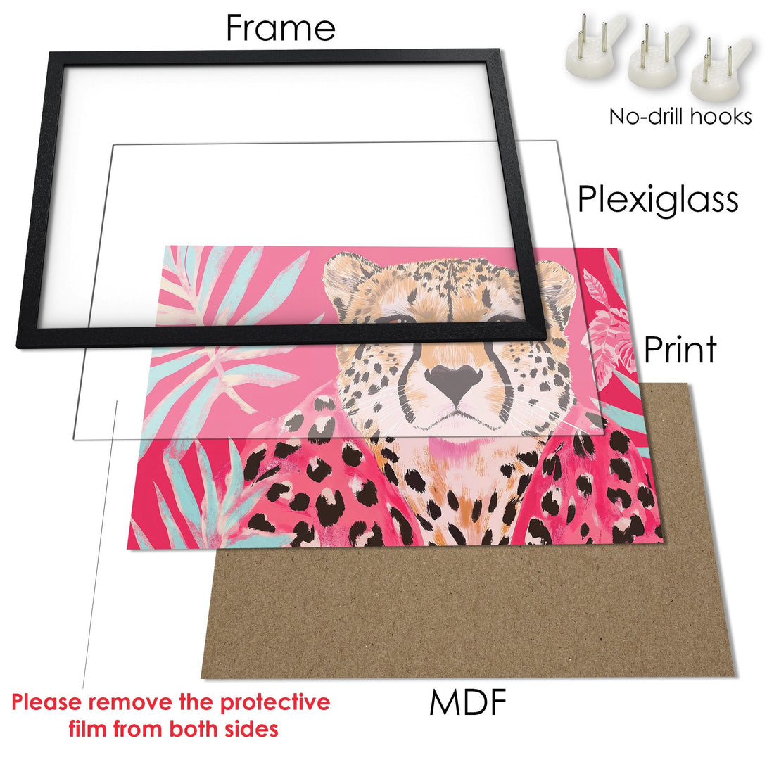 Framed Poster featuring a cheetah in a vibrant pink and teal tropical style. Add a pop of color to your space!