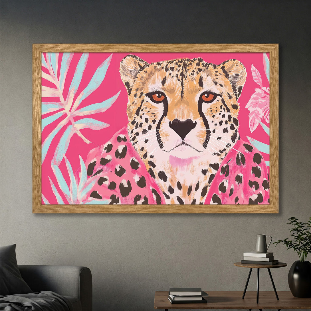 Framed Poster featuring a cheetah with a pink and turquoise tropical design. Modern art style with a vibrant pink color palette.