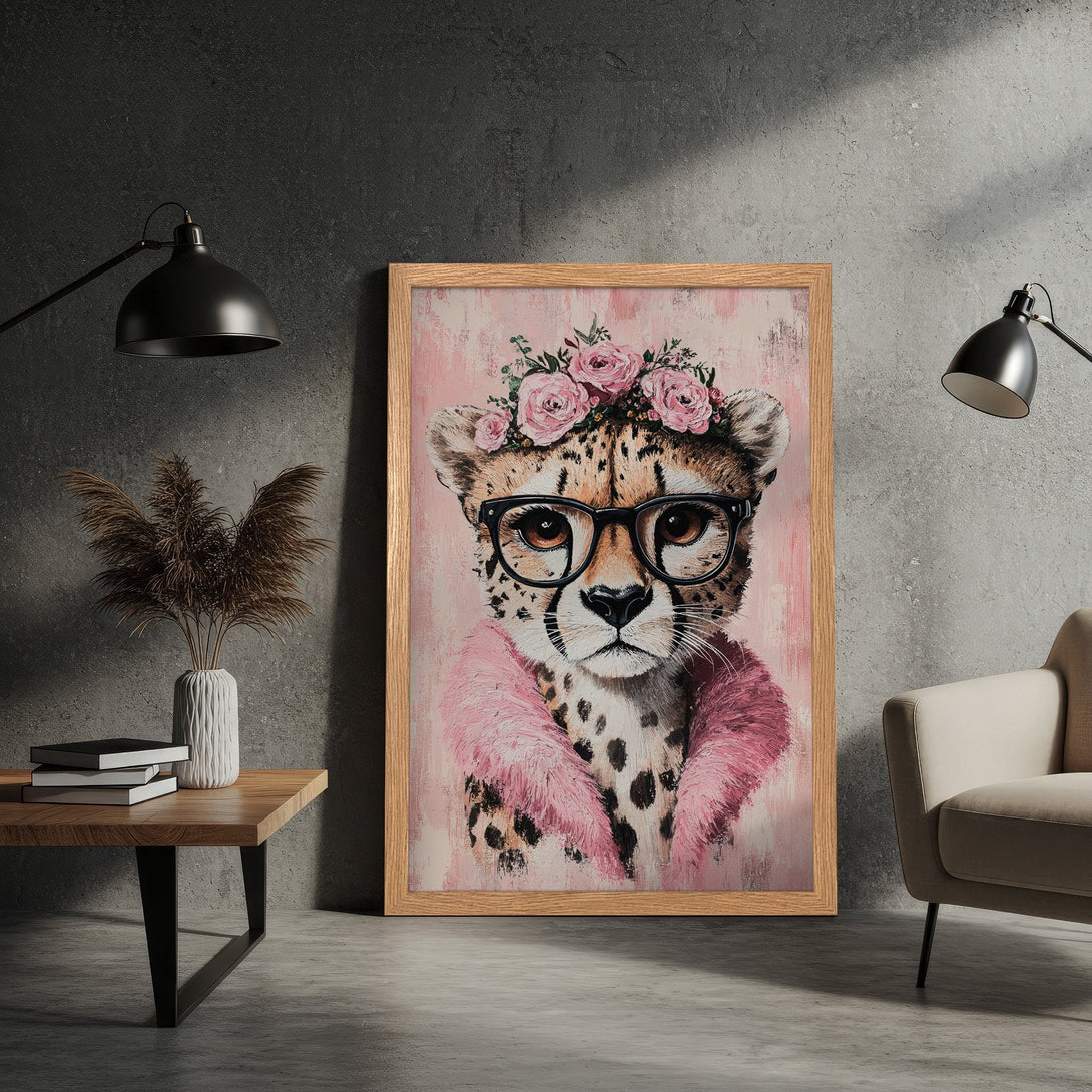 Framed Poster featuring a stylish cheetah with glasses and floral crown. Pink and neutral color palette, perfect wall art for any room.