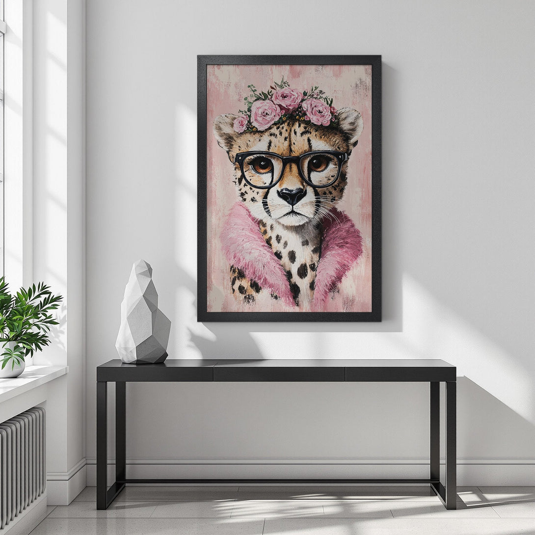 Framed Poster featuring a stylish cheetah with glasses and floral crown, pink and neutral tones. Perfect wall art!