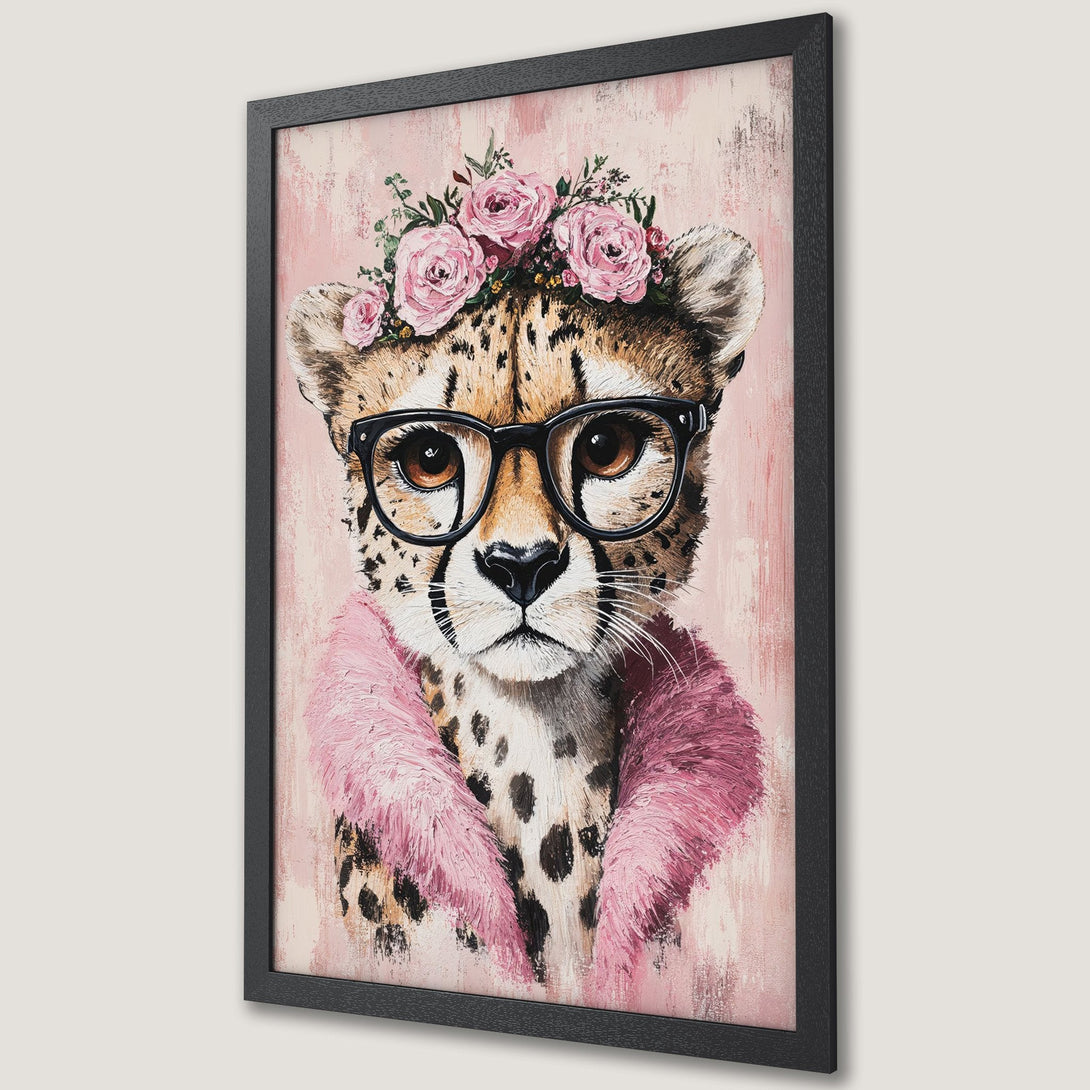Framed Poster: Stylish cheetah portrait with floral crown & glasses, pink & neutral color palette, perfect wall art.