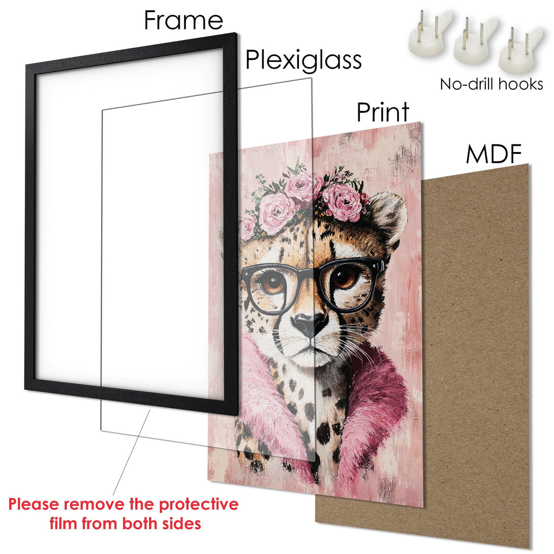 Framed Poster featuring a cheetah wearing glasses and a floral crown, in a pink and brown color palette, perfect for wall decor.