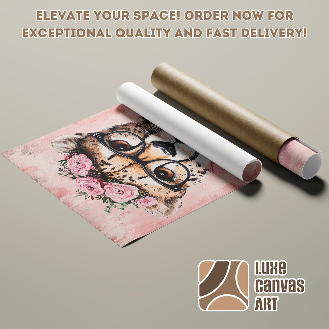 Cheetah Poster Roll with floral accents, soft pink & neutral tones. Elevate your space with this stylish art piece!