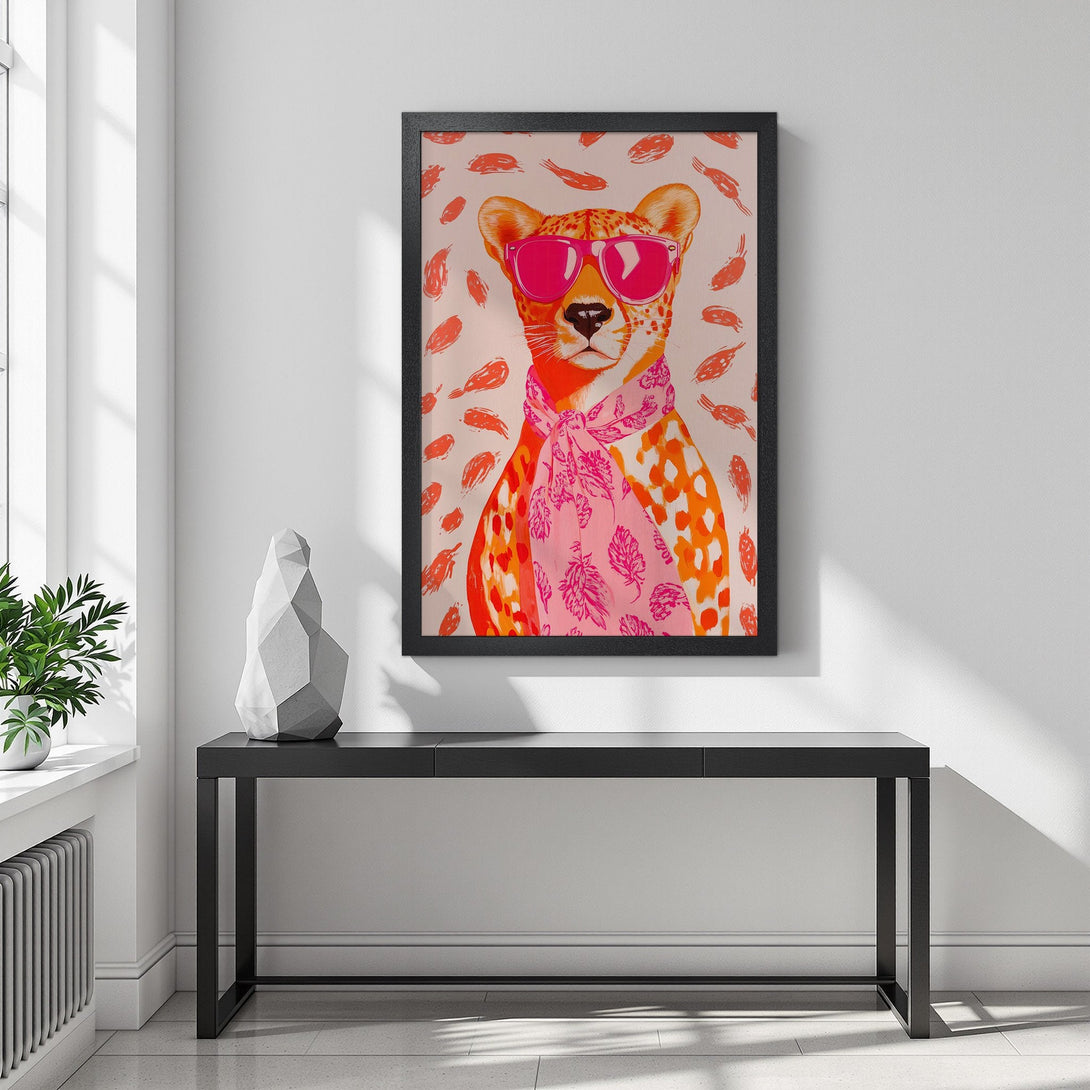 Framed Poster featuring a stylish cheetah in pink sunglasses. Pop art style with vibrant orange and pink color palette. Perfect wall art!