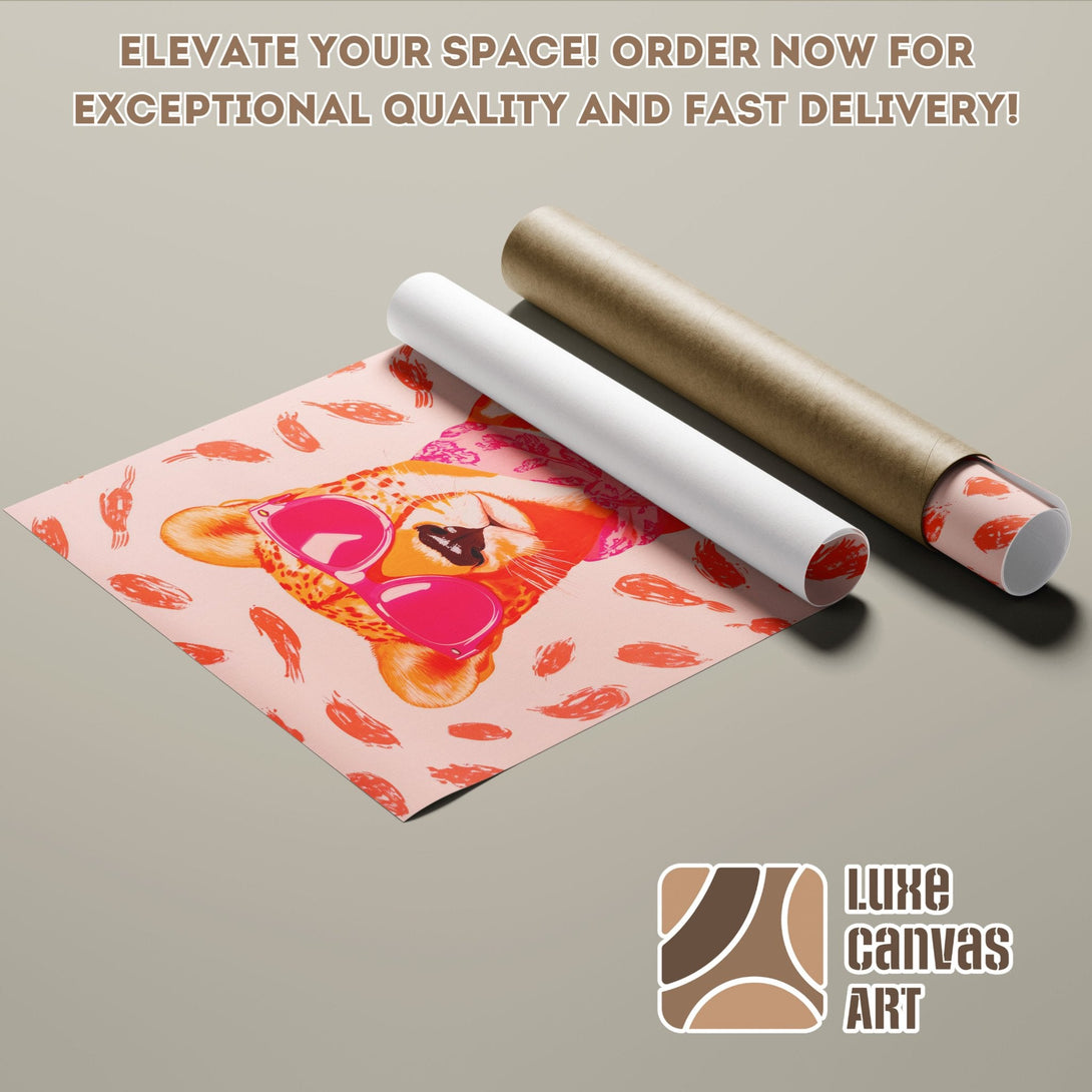 Poster Roll featuring a cool cheetah with sunglasses, pop art style, in a pink and orange palette. Elevate your space!