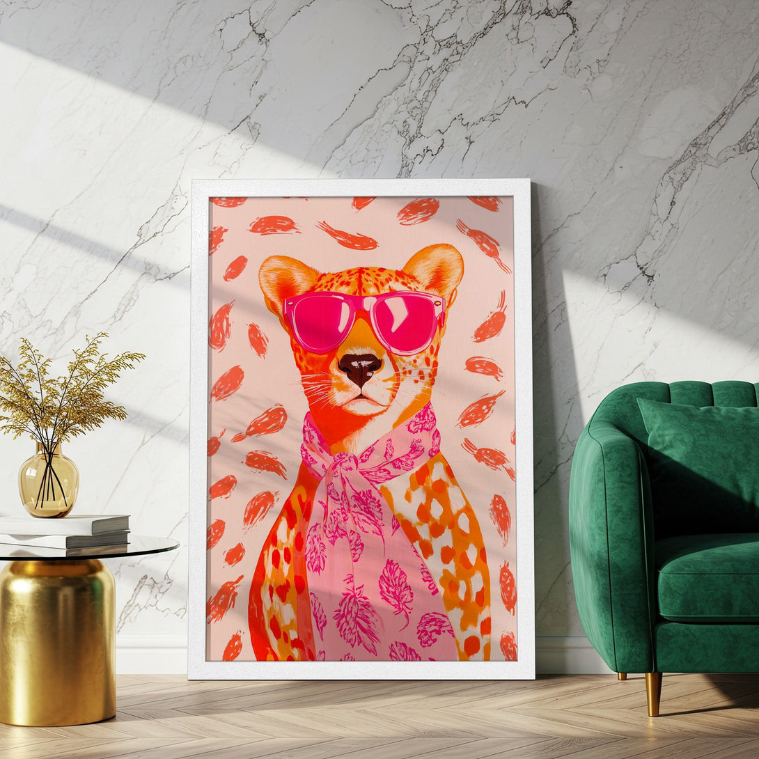 Framed Poster featuring a stylish cheetah in sunglasses, vibrant pink and orange palette, perfect for modern decor.