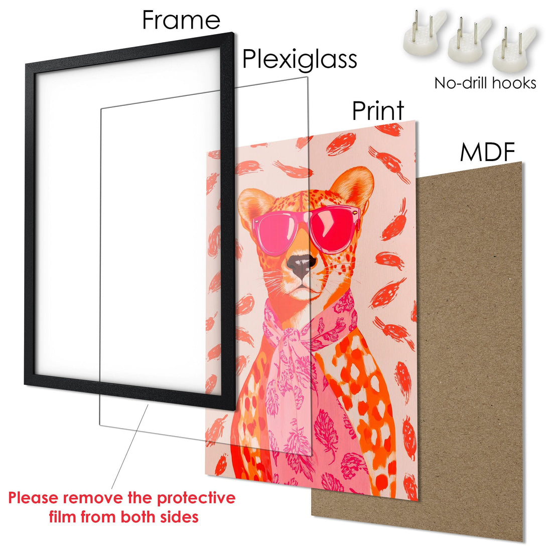 Framed Poster featuring a stylish cheetah in pink and orange. Perfect wall art for a modern home!